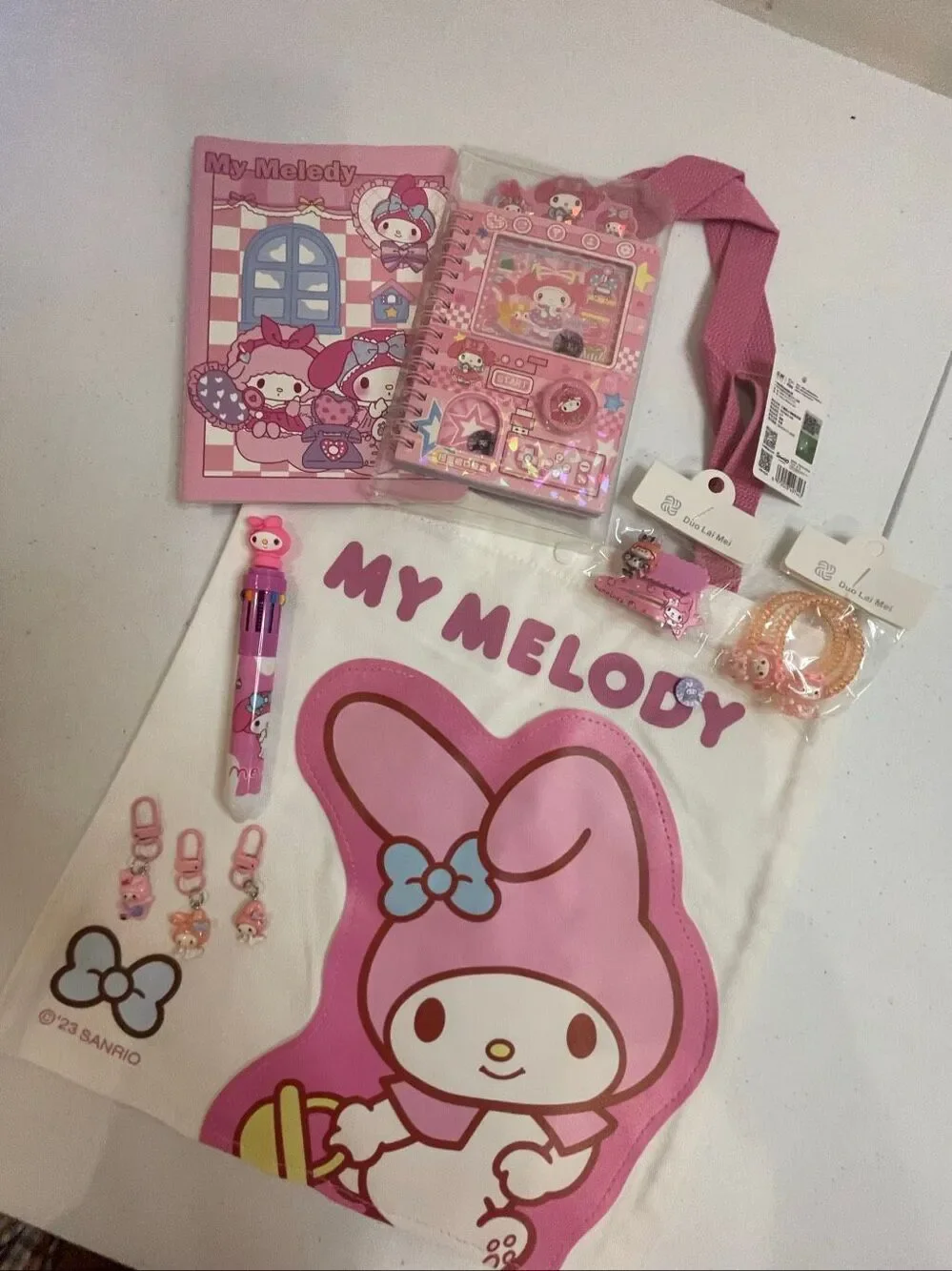My Melody tote bag stocking stuffers kit bundle Sanrio pens, hair ties, key chai